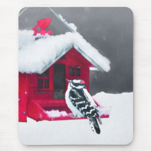 Tapis De Souris Downy Woodpecker Painting - Original Bird Art