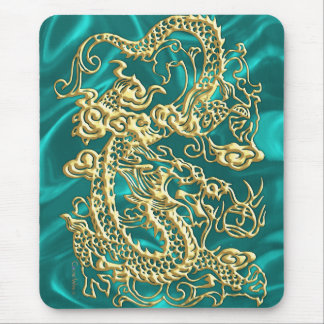 Tapis De Souris Dragon d'or incorporé sur impression en satin Turq