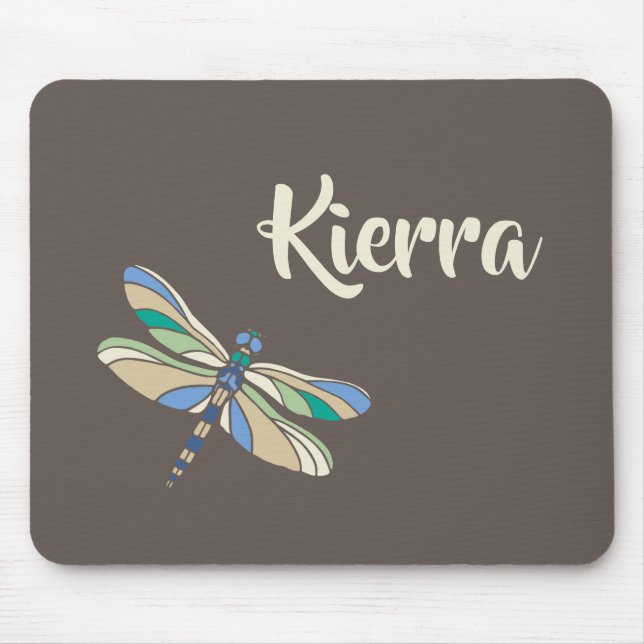 Tapis De Souris Dragonfly élégant en Brown et bleu avec nom (Devant)