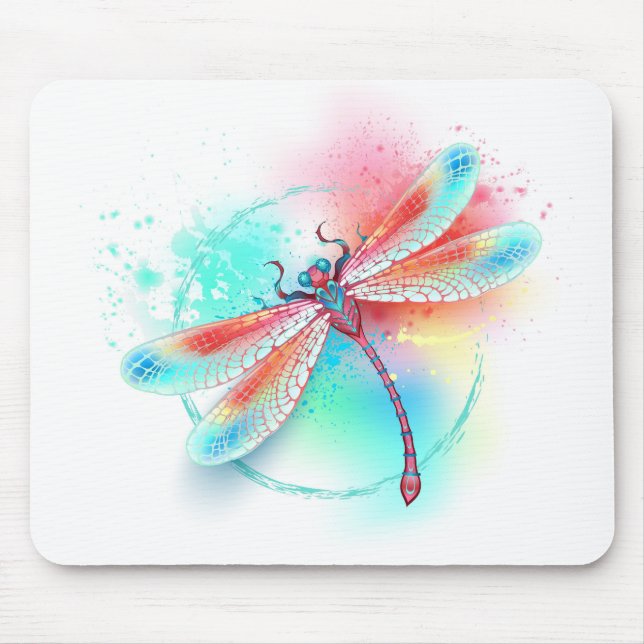 Tapis De Souris Dragonfly rouge sur l'arrière - plan aquarelle (Devant)