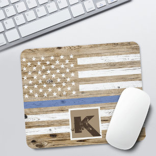 Tapis De Souris Drapeau USA ligne bleue mince bois rustique Monogr