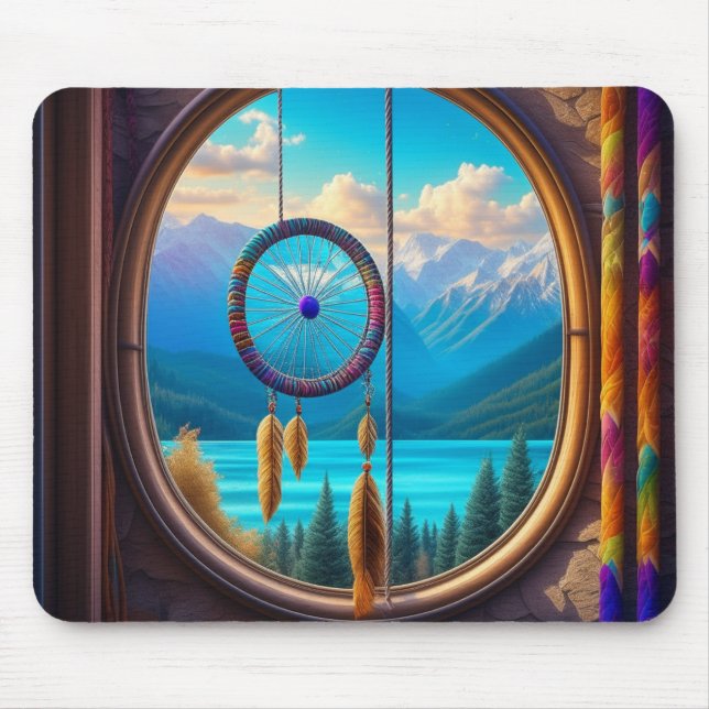 Tapis De Souris Dreamcatcher dans une fenêtre donnant sur les mont (Devant)