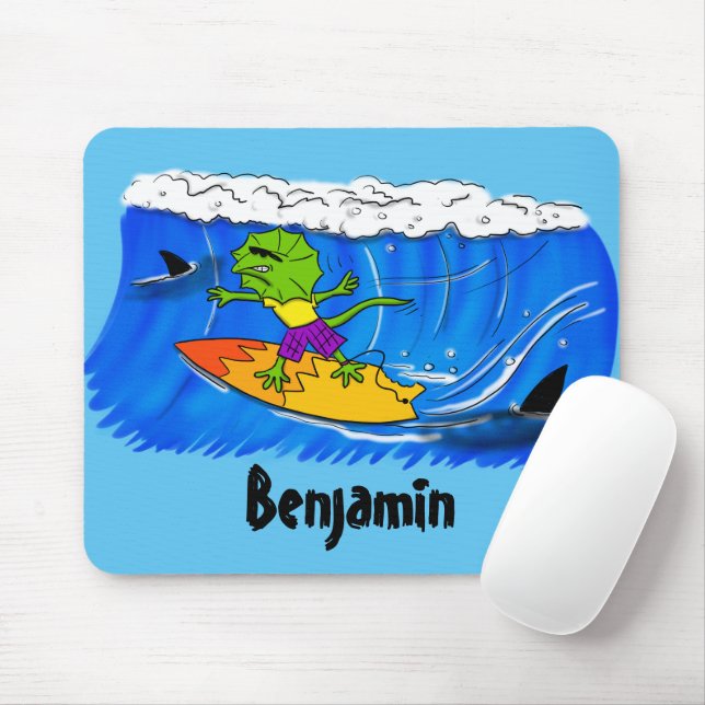 Tapis De Souris Drôle caricature de surf de lézard au cou (Avec souris)