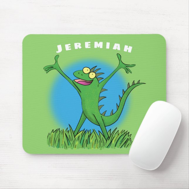 Tapis De Souris Drôle vert souriant animé lézard d'iguane (Avec souris)