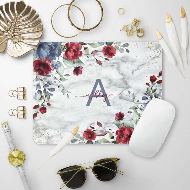 Tapis De Souris Dusty Blue Bourgogne Floral Marbre Nom Monogramme (Créateur téléchargé)