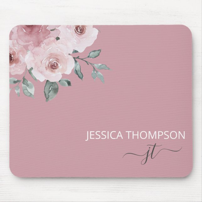 Tapis De Souris Dusty Rose Floral Moderne Monogramme Nom (Devant)