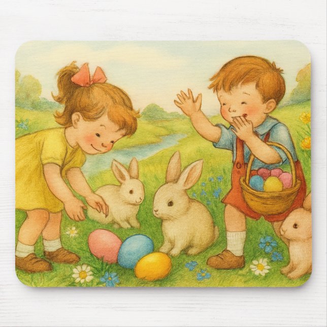 Tapis De Souris Easter Children and Bunny rabbits Mousepad (Devant)