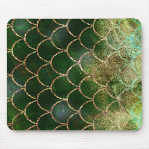 Tapis De Souris Écaille de poisson sirène scintillante verte et or