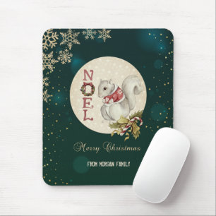 Tapis De Souris Écureuil de Noël vintage, flocons de neige