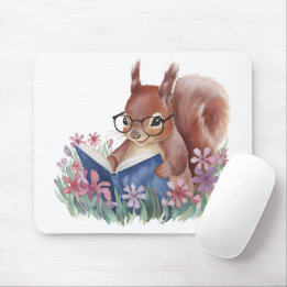 Tapis De Souris Écureuil Lit Un Livre, Niché Dans Des Fleurs