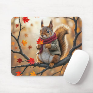 Tapis De Souris Écureuil tenant une feuille d'érable d'automne
