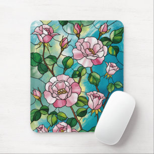 Tapis De Souris Effet de vitrail floral Fleurs roses Botanique