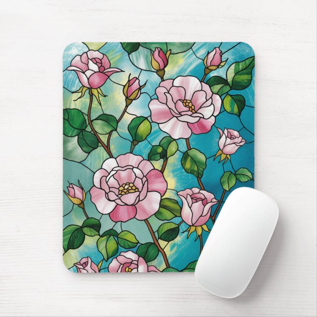 Tapis De Souris Effet de vitrail floral Fleurs roses Botanique (Avec souris)