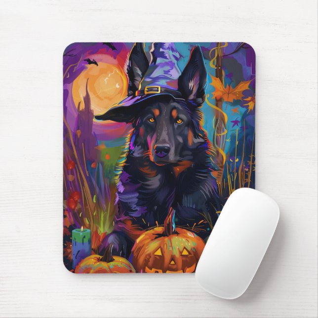 Tapis De Souris Éffrayant Berger belge Citrouille de sorcière Hall (Avec souris)