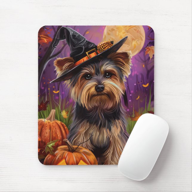 Tapis De Souris Éffrayant Biewer Terrier Halloween Witch Et Citrou (Avec souris)