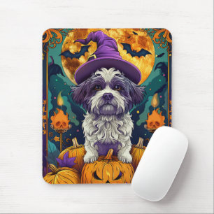 Tapis De Souris Éffrayant Chih Tzu Chien Halloween sorcière et Cit