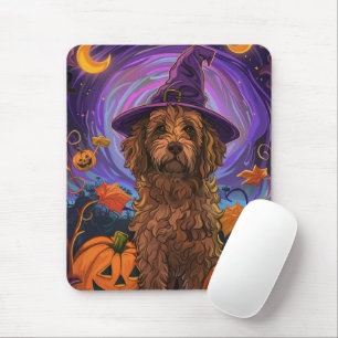 Tapis De Souris Éffrayant Goldendoodle Chien Halloween Citrouille 