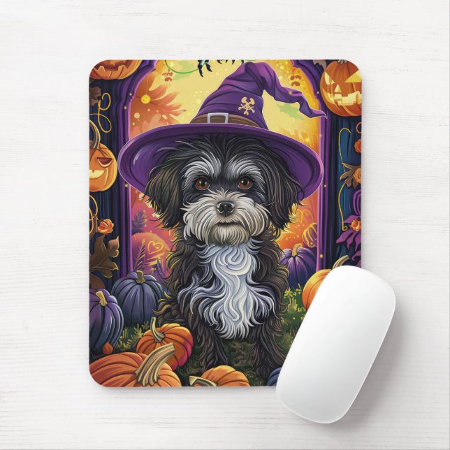 Tapis De Souris Éffrayant Havanais Chien Halloween sorcière et Cit (Avec souris)