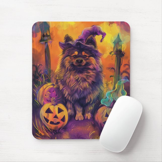 Tapis De Souris Éffrayant Keeshond Chien Halloween sorcière et Cit (Avec souris)
