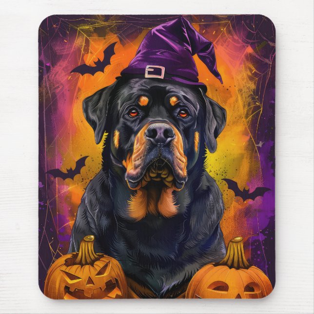 Tapis De Souris Éffrayant Rottweiler Chien Halloween sorcière et C (Devant)