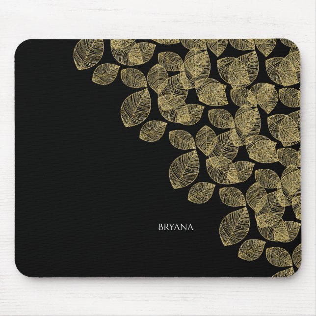 Tapis De Souris Élégance d'automne noir Feuille d'or (Devant)