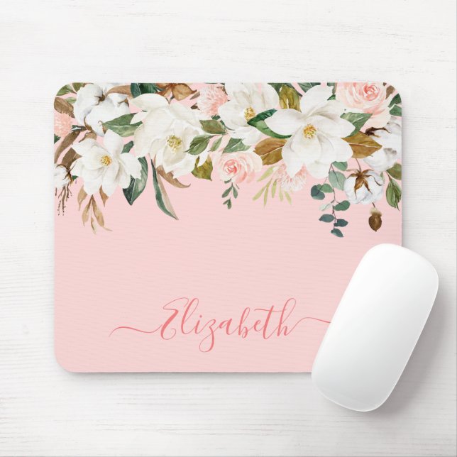 Tapis De Souris Elégant Aquarelle Magnolias Floral Script tendance (Avec souris)