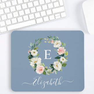 Tapis De Souris Elégant aquarelle rose floral Dusty bleu Monogramm