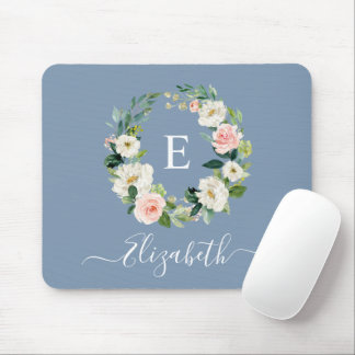 Tapis De Souris Elégant aquarelle rose floral Dusty bleu Monogramm