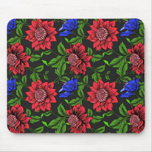 Tapis De Souris Élégant Arrière - plan Rouge Et Bleu Fleur Noir