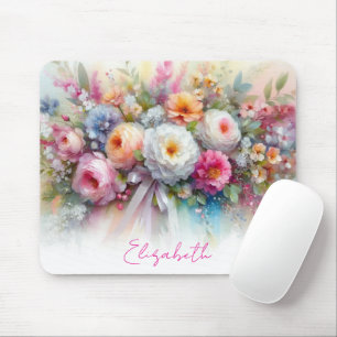 Tapis De Souris Élégant Art Floral Aquarelle Votre Texte Personnal