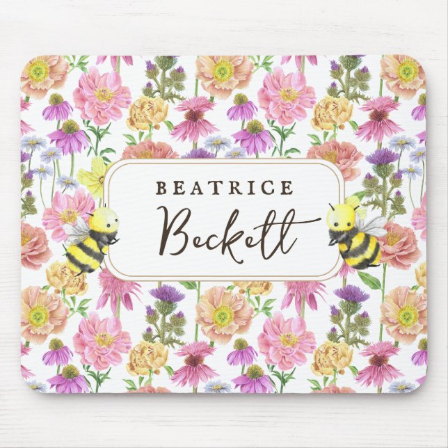 Tapis De Souris Elégant Bee et Fleur sauvage Motif aquarelle (Devant)