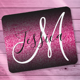 Tapis De Souris Elegant Black Ombre Hot Pink Glitter Monogram