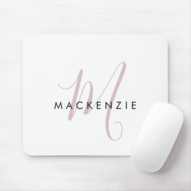 Tapis De Souris Élégant blanc blanc blanc clair rose Script Monogr (Avec souris)