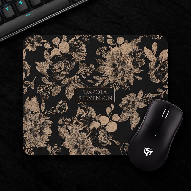 Tapis De Souris Élégant botanique | Floral d'or noir et Rose (Créateur téléchargé)