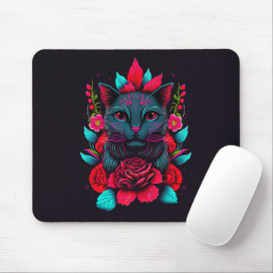 Tapis De Souris Élégant chat noir entouré de roses rouges  