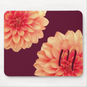 Tapis De Souris Élégant Dahlias Orange Fleurs Bourgogne Monogramme
