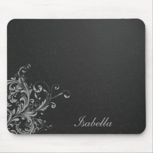 Tapis De Souris Élégant damas noir blanc à fleurs