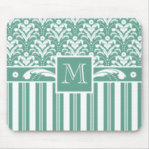Tapis De Souris Elégant Damas vert de mer avec votre Monogramme
