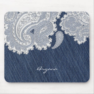 Tapis de souris élégant en jean et dentelle blanch
