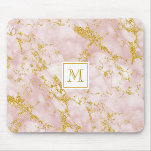 Tapis De Souris Elégant marbre rose Monogramme Parties scintillant