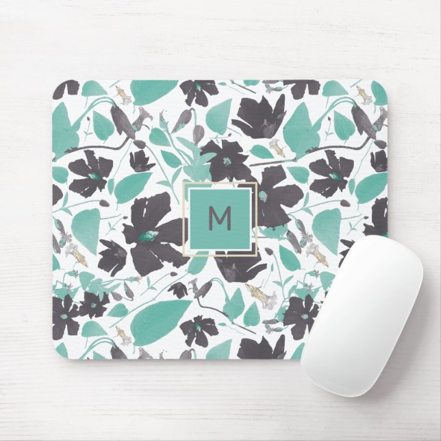 Tapis De Souris Élégant modèle Floral Brown Turquoise avec initial (Avec souris)