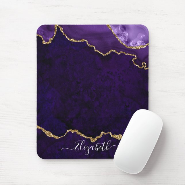 Tapis De Souris Elégant moderne Aquarelle Marbre Géode Purple Or (Avec souris)