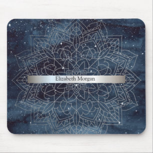 Tapis De Souris Élégant Moderne Mandala Rayure Argent Bleu Marine