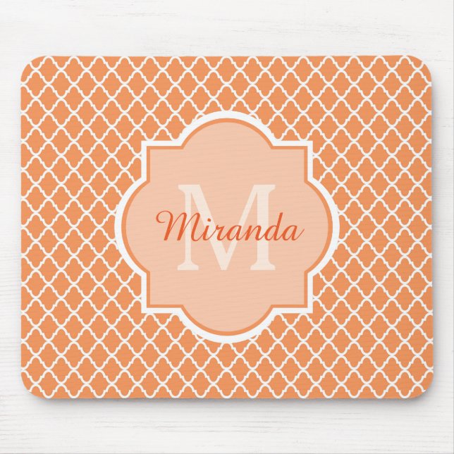 Tapis De Souris Élégant Monogramme De Quatrefoil Orange Avec Nom (Devant)
