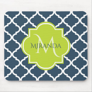 Tapis De Souris Élégant monogramme Marine Quatrefoil vert et nom