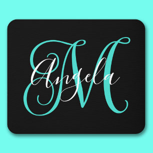 Tapis De Souris Élégant monogramme noir, blanc et turquoise en écr