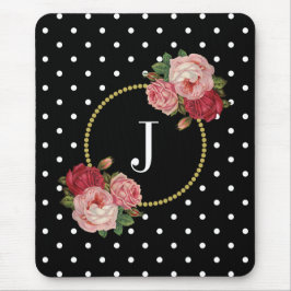 Tapis De Souris Élégant Monogramme Pois d'antiquité noire