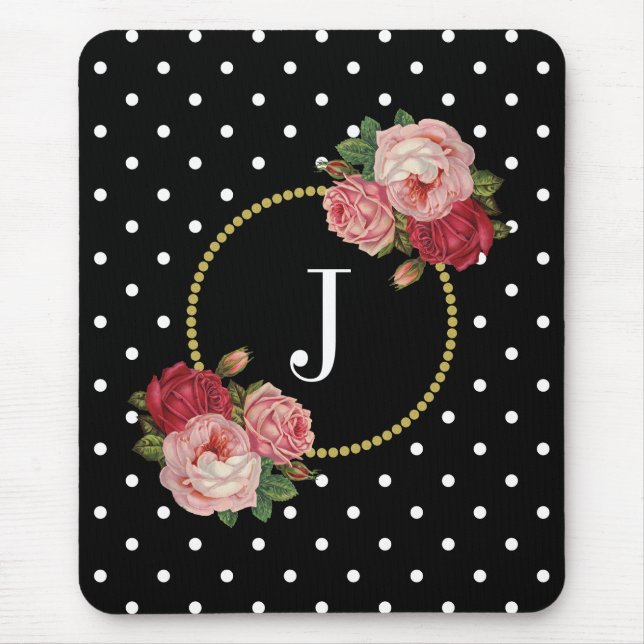 Tapis De Souris Élégant Monogramme Pois d'antiquité noire (Devant)