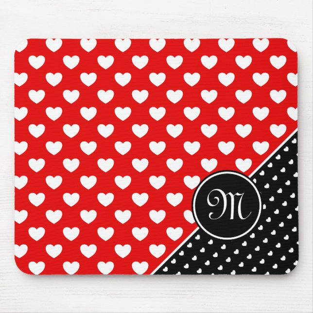Tapis De Souris Élégant Monogramme Rouge Et Noir, Coeurs Blancs (Devant)