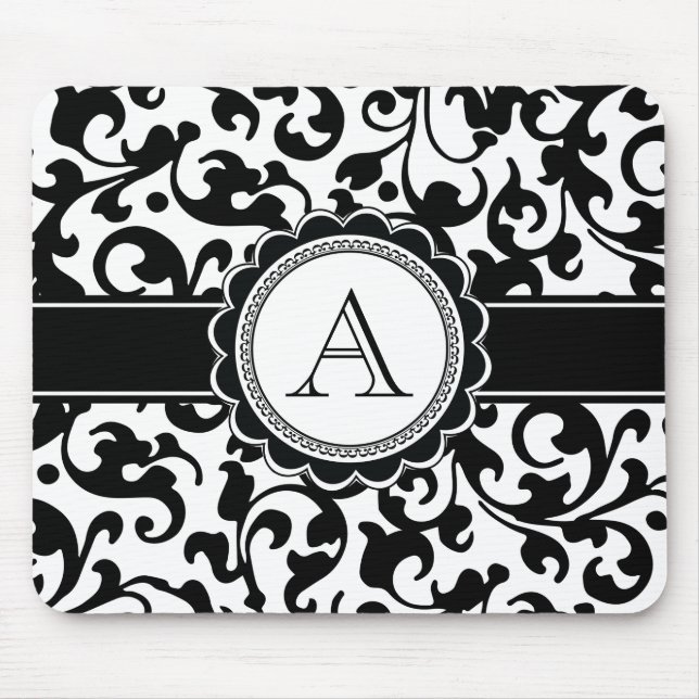 Tapis De Souris Élégant Monogramme Scroll Damask noir et blanc (Devant)